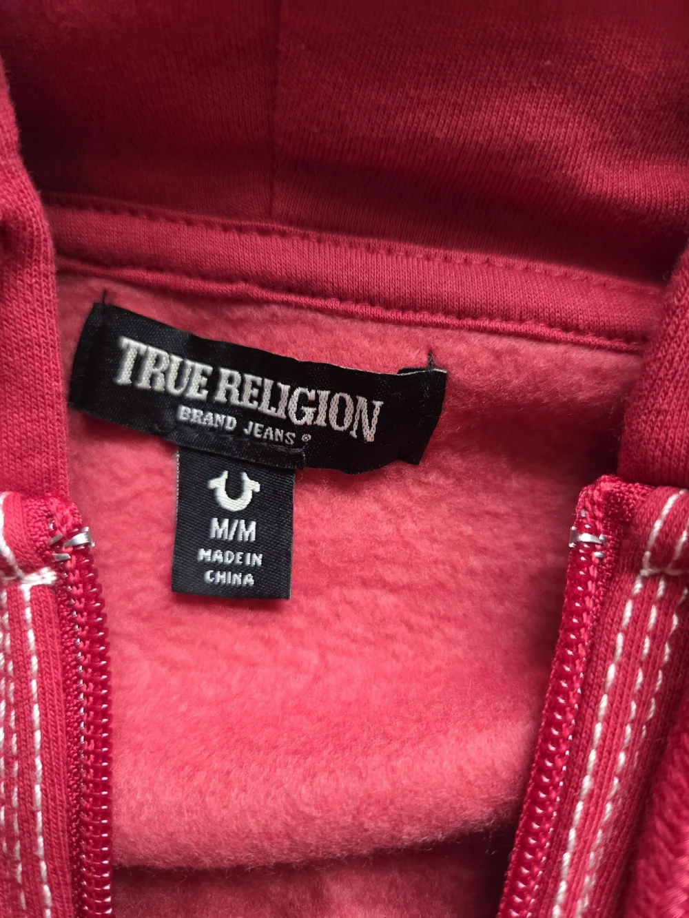 True Religion Men's Big T Full Zip Fleece Hoodie Red White Stitch Size M